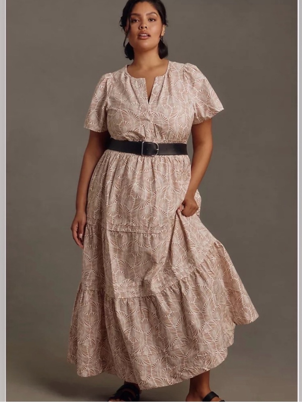 Anthropologie The Somerset Maxi Dress Print Smocked Brown Ivory Sand XL